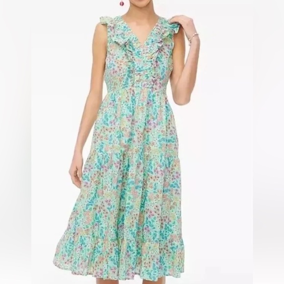 Jcrew Printed V-Neck Smocked Midi Dress Fresh Spearmint Floral Print size 2 - Picture 1 of 7